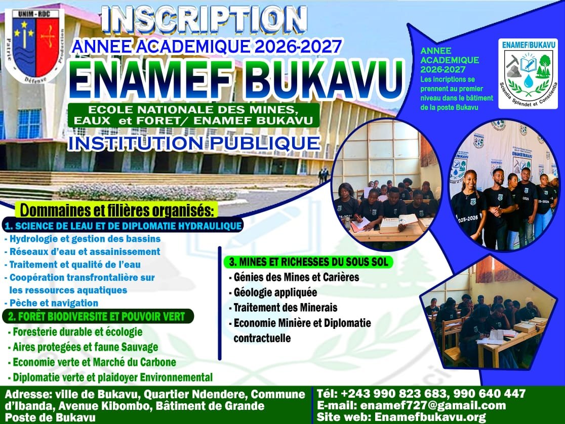 ENAMEF Bukavu ouvre ses portes : les inscriptions pour l'année académique 2026-2027 sont officiellement lancées !